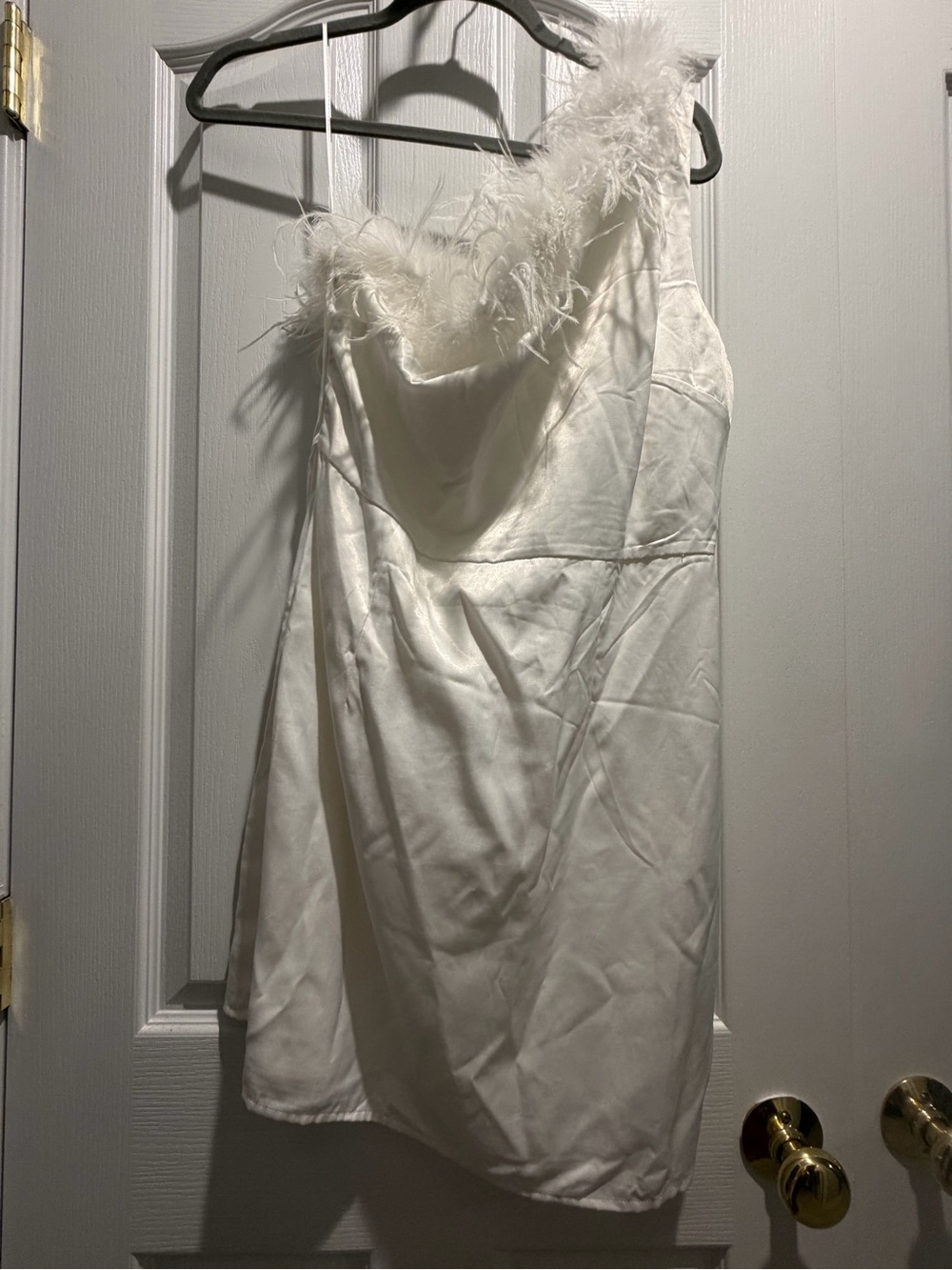 White Feather-Trim Satin Slip Dress